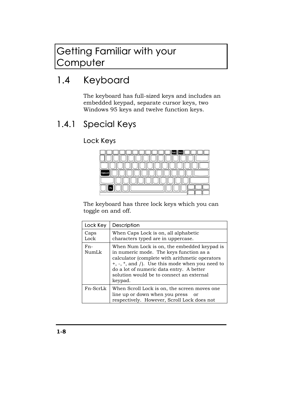 Keyboard, Special keys, 4 keyboard keyboard | 1 1.4.1 special keys special keys | Acer 365 Series User Manual | Page 28 / 138