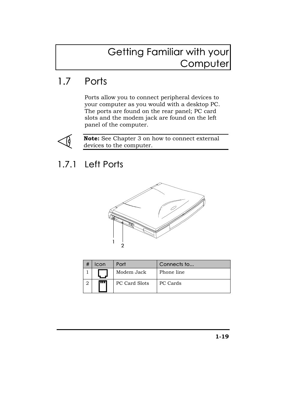 Ports, Left ports, Getting familiar with your | Getting familiar with your computer computer, 7 ports ports, 1 1.7.1 left ports left ports | Acer 365 Series User Manual | Page 39 / 138