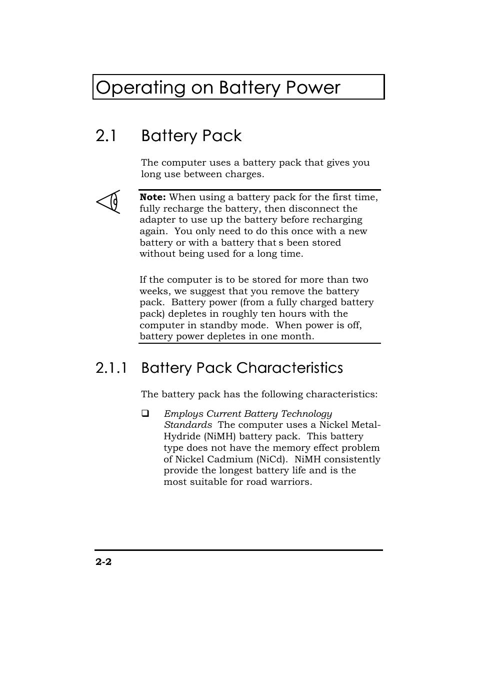 Battery pack, Battery pack characteristics, Operating on battery power | 1 battery pack battery pack | Acer 365 Series User Manual | Page 51 / 138