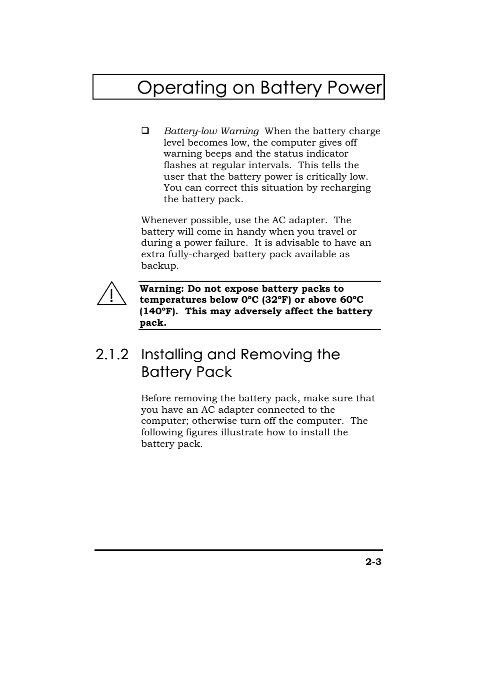 Installing and removing the, Battery pack, Operating on battery power | Acer 365 Series User Manual | Page 52 / 138