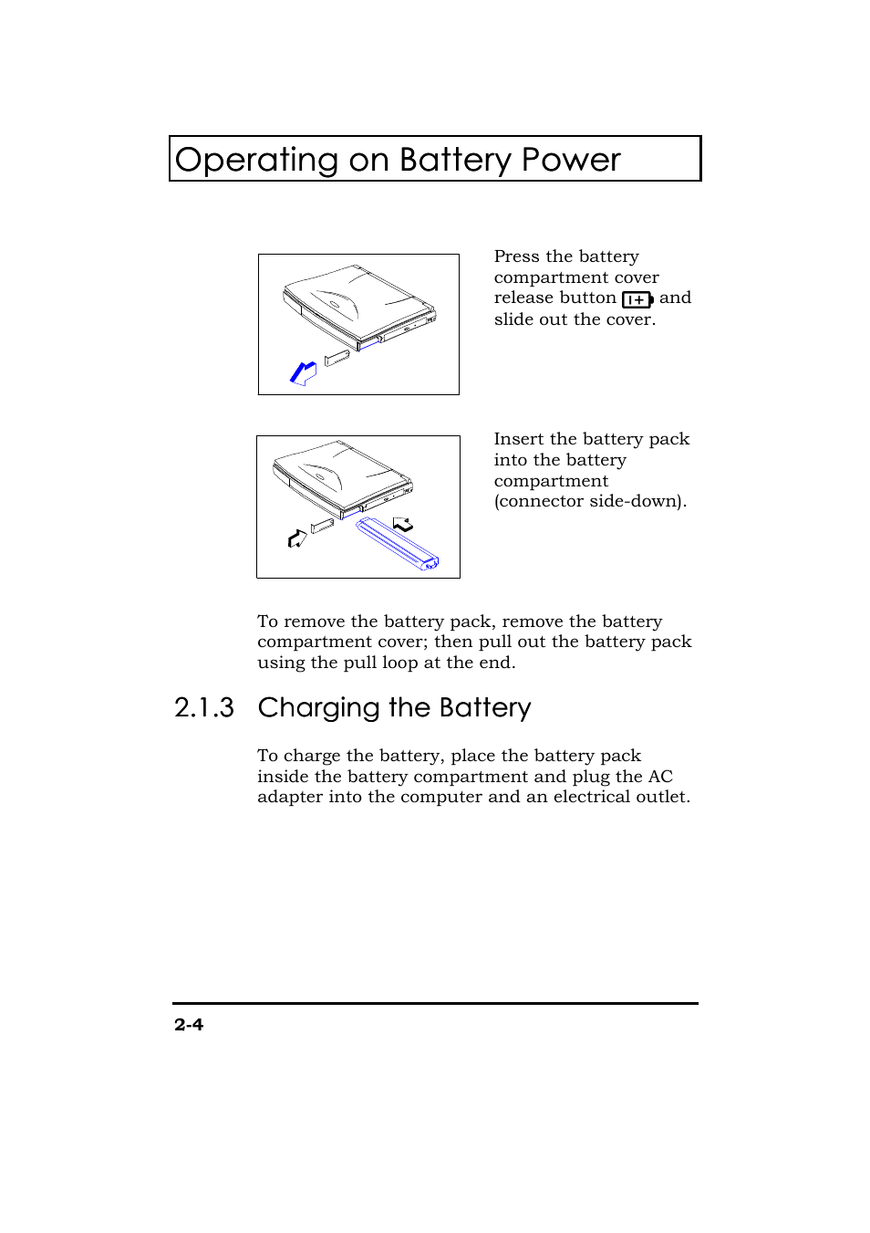 Charging the battery, Operating on battery power, 3 2.1.3 charging the battery charging the battery | Acer 365 Series User Manual | Page 53 / 138