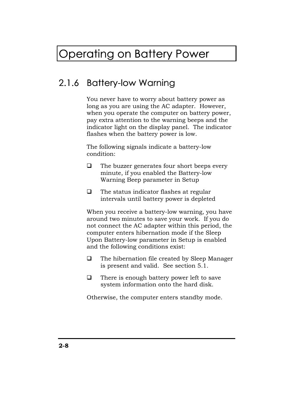 Battery-low warning, Operating on battery power, 6 2.1.6 battery-low warning battery-low warning | Acer 365 Series User Manual | Page 57 / 138
