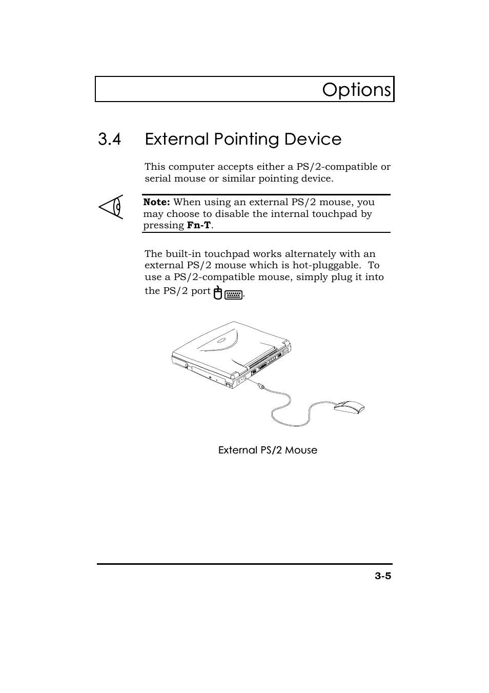 External pointing device, Options | Acer 365 Series User Manual | Page 73 / 138