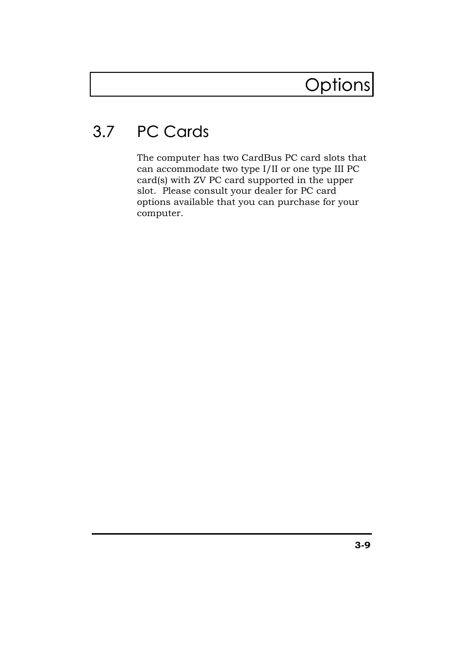 Pc cards, Options | Acer 365 Series User Manual | Page 77 / 138