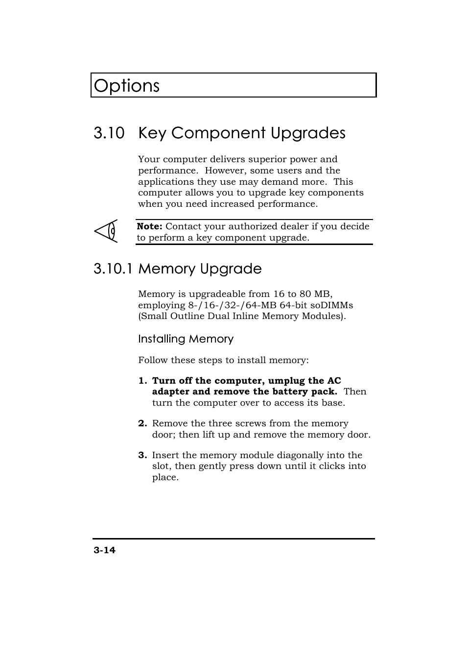 10 key component upgrades, Memory upgrade, Options | Acer 365 Series User Manual | Page 82 / 138