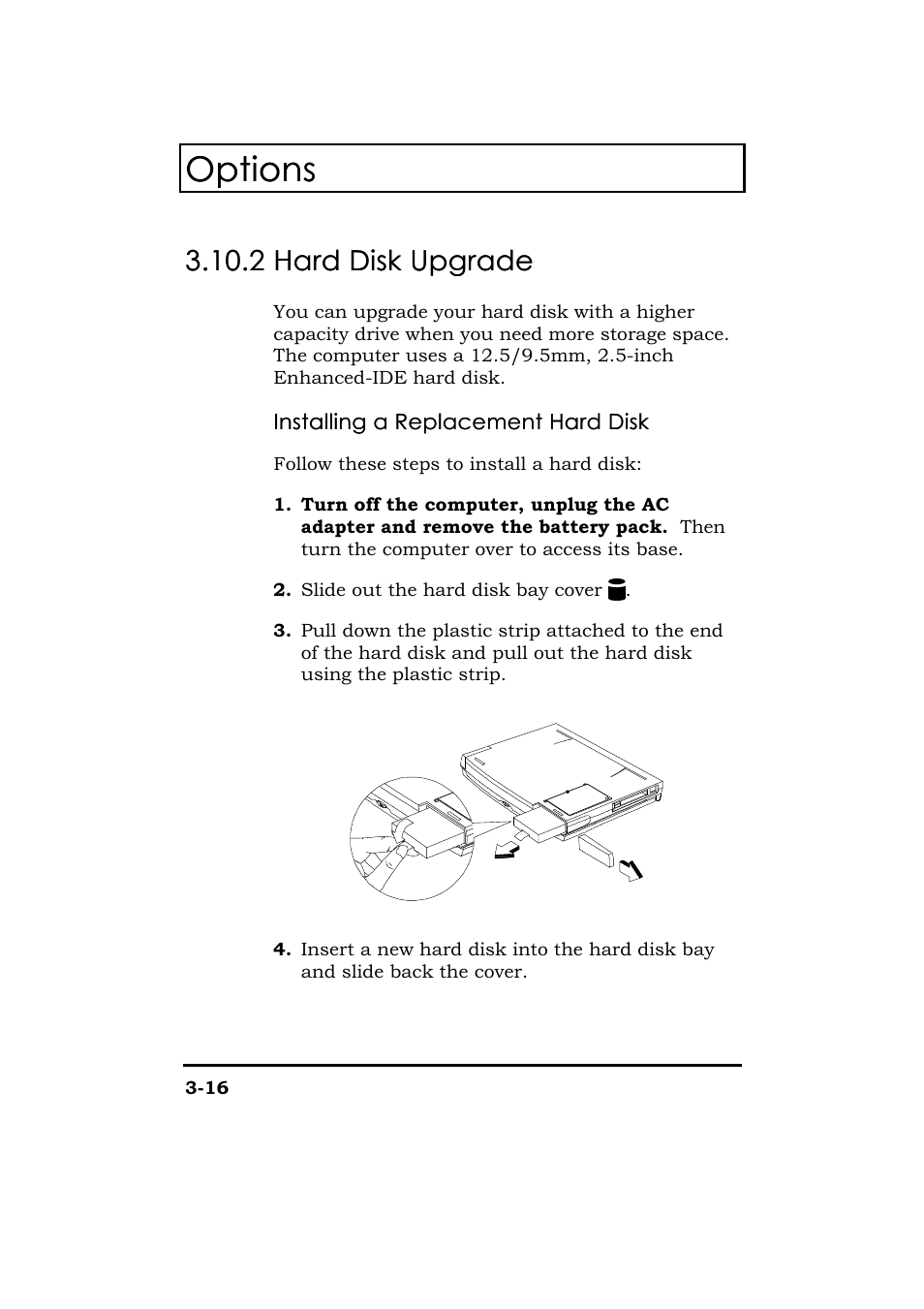 Hard disk upgrade, Options | Acer 365 Series User Manual | Page 84 / 138