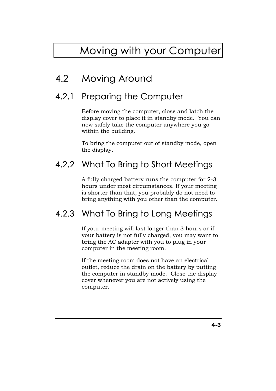 Moving around, Preparing the computer, What to bring to short meetings | What to bring to long meetings, Moving with your computer, 2 moving around moving around | Acer 365 Series User Manual | Page 87 / 138