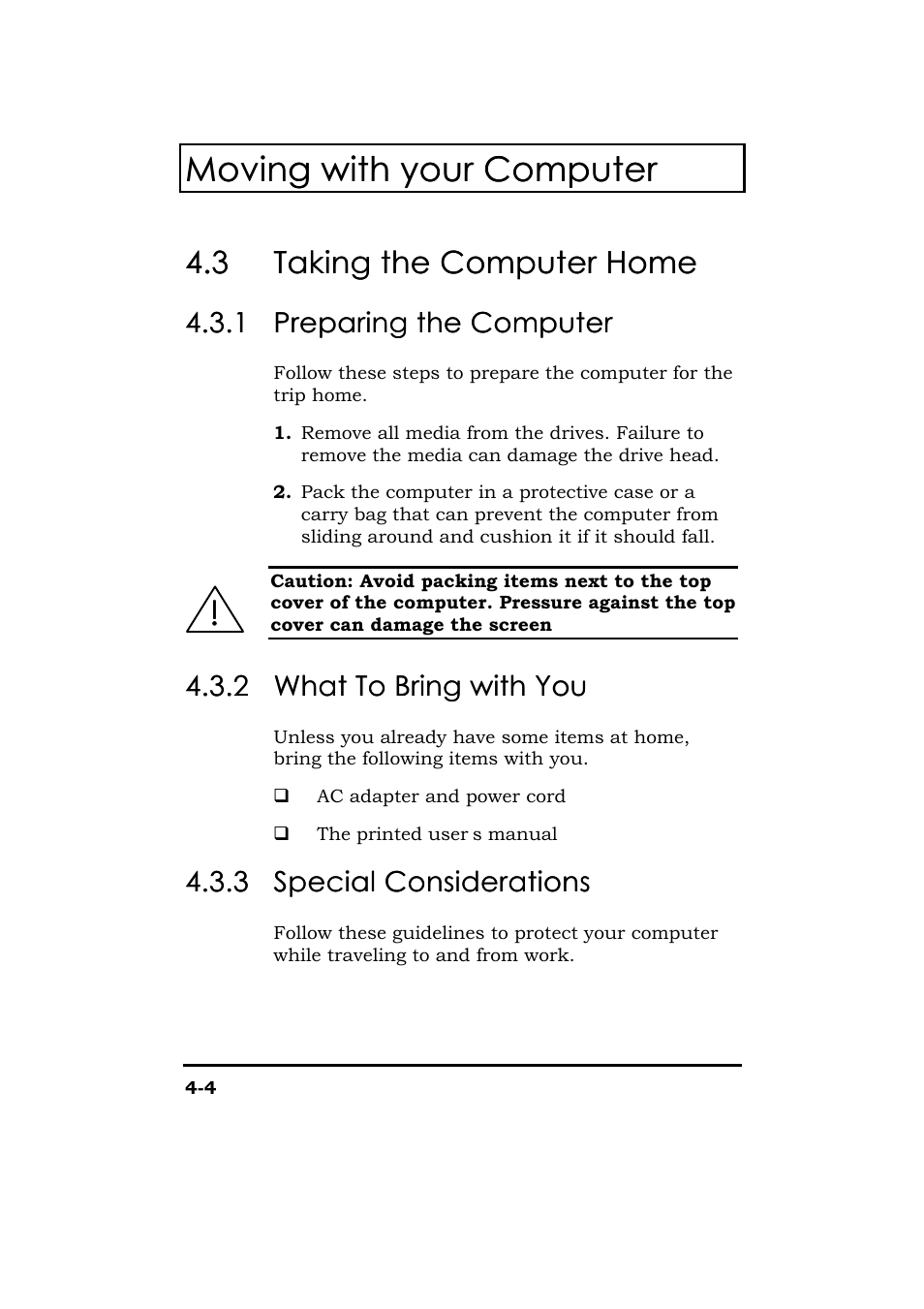 Taking the computer home, Preparing the computer, What to bring with you | Special considerations, Moving with your computer | Acer 365 Series User Manual | Page 88 / 138