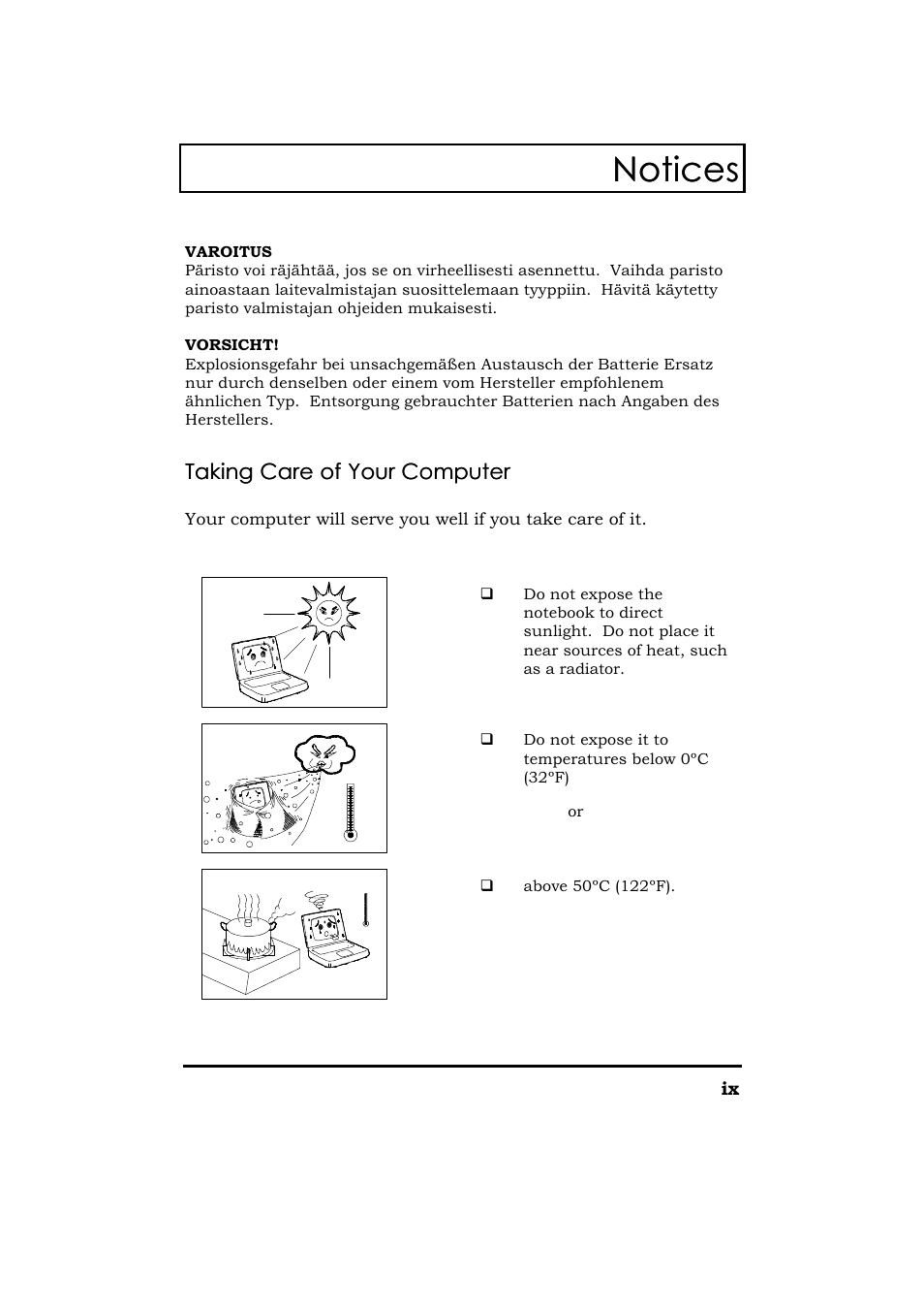 Notices, Taking care of your computer | Acer 365 Series User Manual | Page 9 / 138