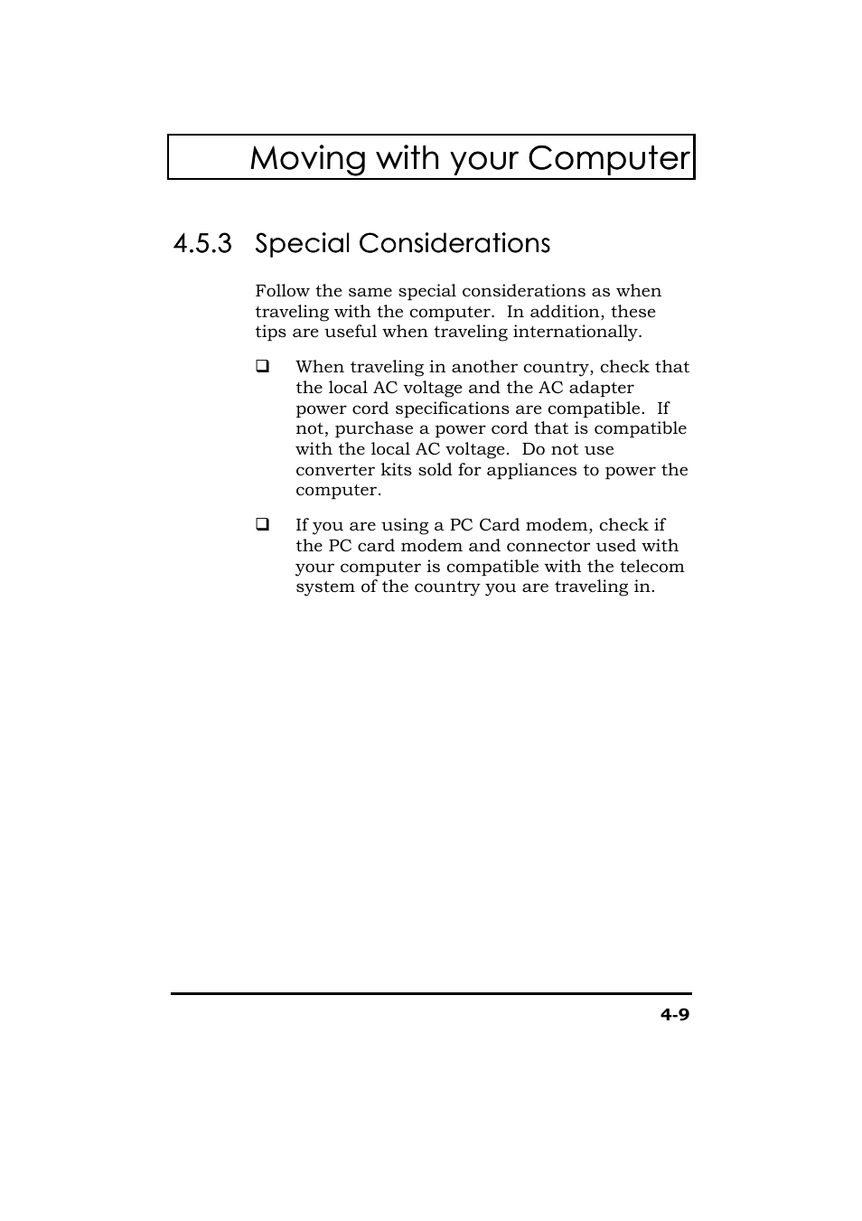 Special considerations, Moving with your computer | Acer 365 Series User Manual | Page 93 / 138