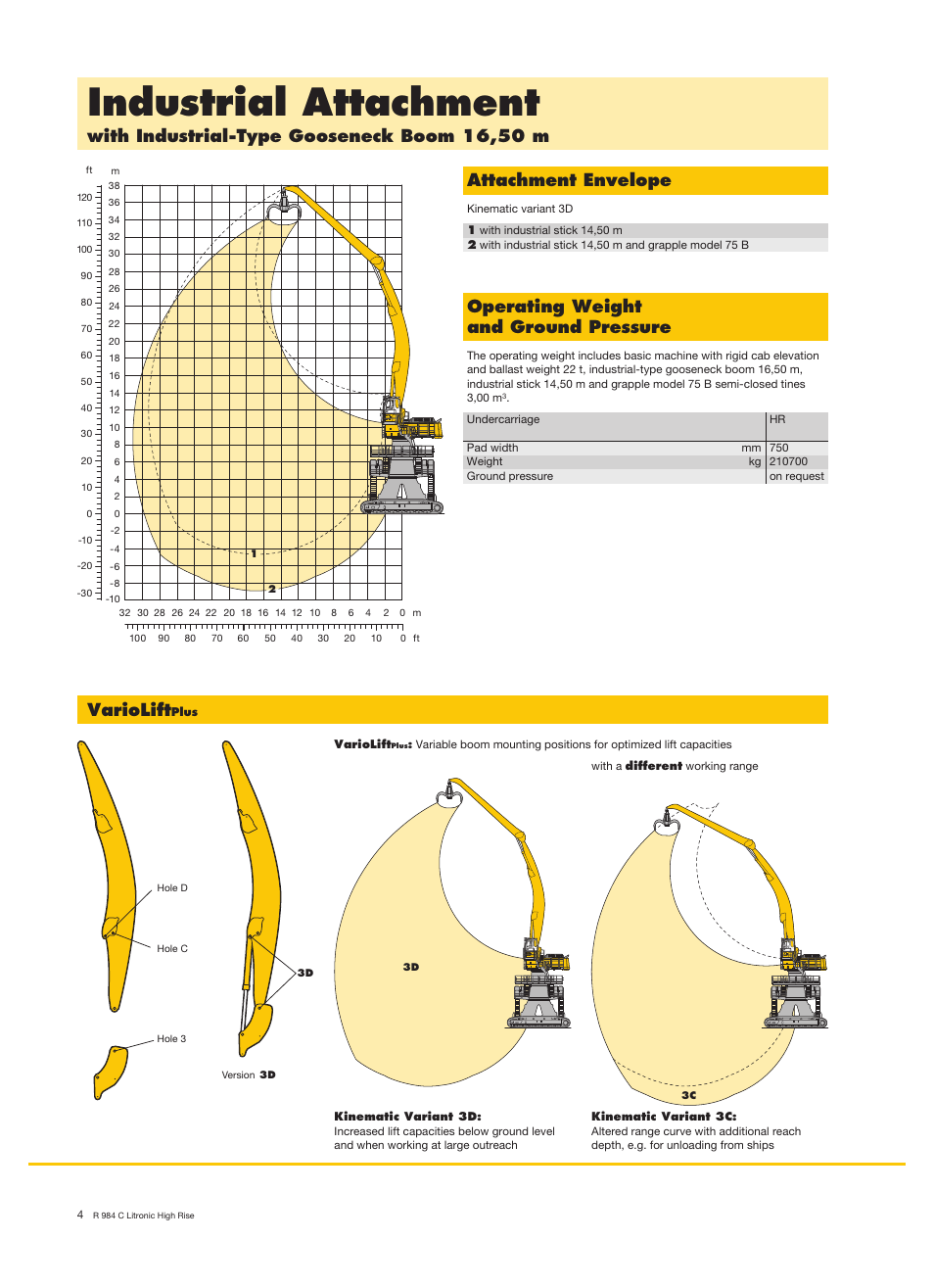 Industrial attachment, Achtung, With industrial-type gooseneck boom 16,50 m | Attachment envelope, Operating weight and ground pressure, Variolift | Liebherr R 984 C High Rise Litronic User Manual | Page 4 / 10