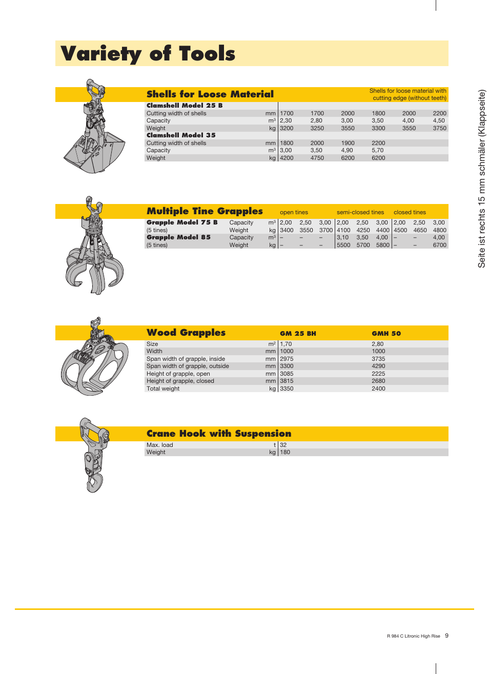 Variety of tools, Shells for loose material, Multiple tine grapples | Crane hook with suspension, Wood grapples, Seite ist r echts 15 mm schmäler (klappseite) | Liebherr R 984 C High Rise Litronic User Manual | Page 9 / 10