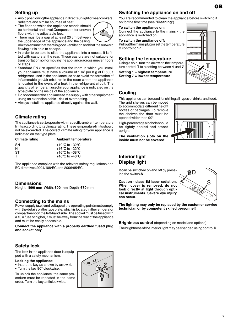 Cooling, Interior light display light, Setting up | Setting the temperature, Connecting to the mains, Dimensions, Switching the appliance on and off, Safety lock, Climate rating | Liebherr FKDv 3713 Premium User Manual | Page 3 / 5