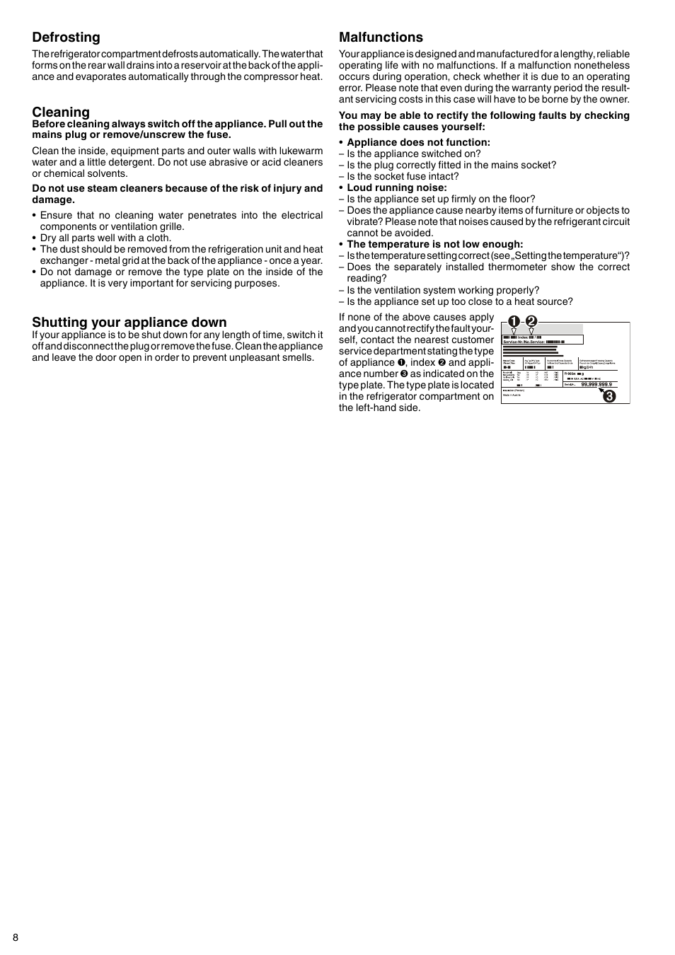 Shutting your appliance down, Malfunctions, Cleaning | Defrosting | Liebherr FKDv 3713 Premium User Manual | Page 4 / 5