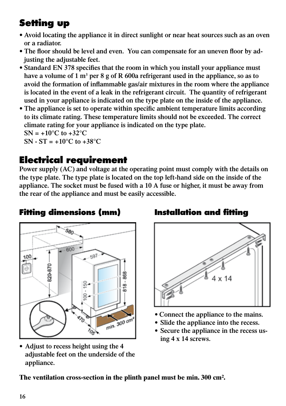 Setting up, Electrical requirement, Fitting dimensions (mm) | Installation and fitting | Liebherr WKUes 1753 Grand Cru User Manual | Page 4 / 13