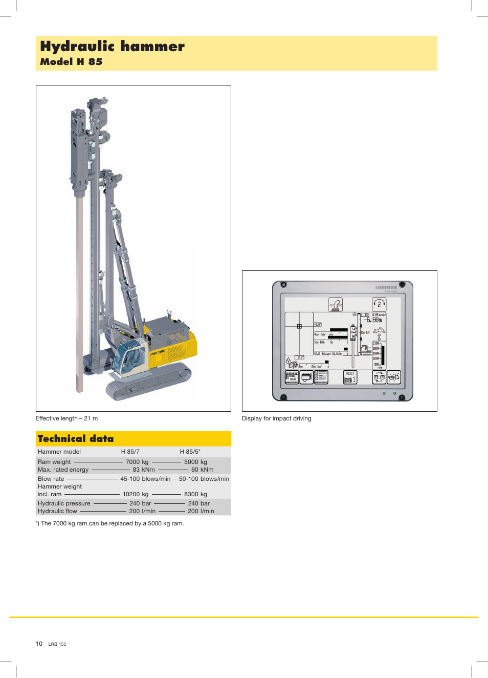 Hydraulic hammer, Model h 85, Technical data | Liebherr LRB 155 User Manual | Page 10 / 16