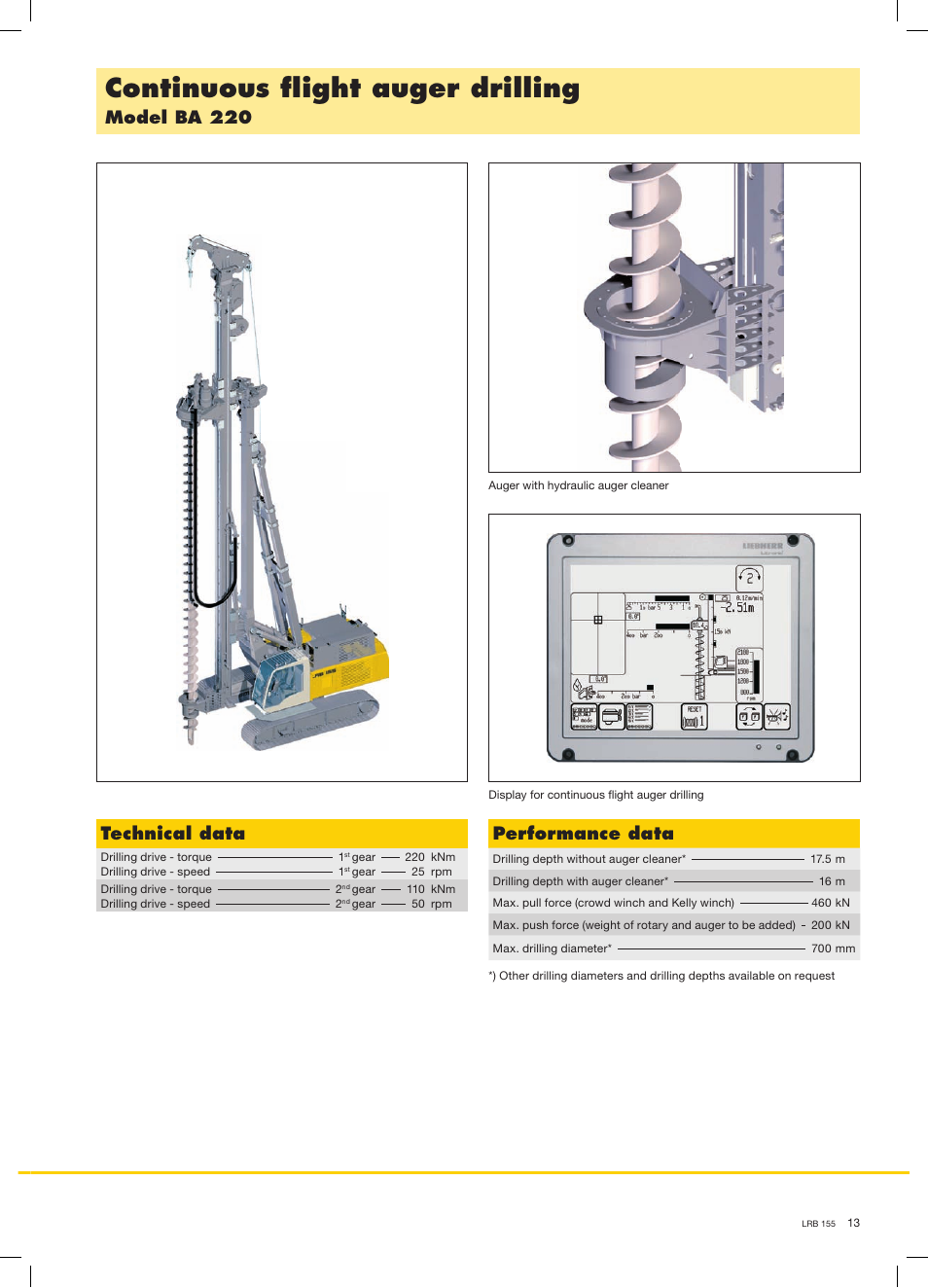 Continuous ﬂ ight auger drilling, Technical data, Model ba 220 | Performance data | Liebherr LRB 155 User Manual | Page 13 / 16