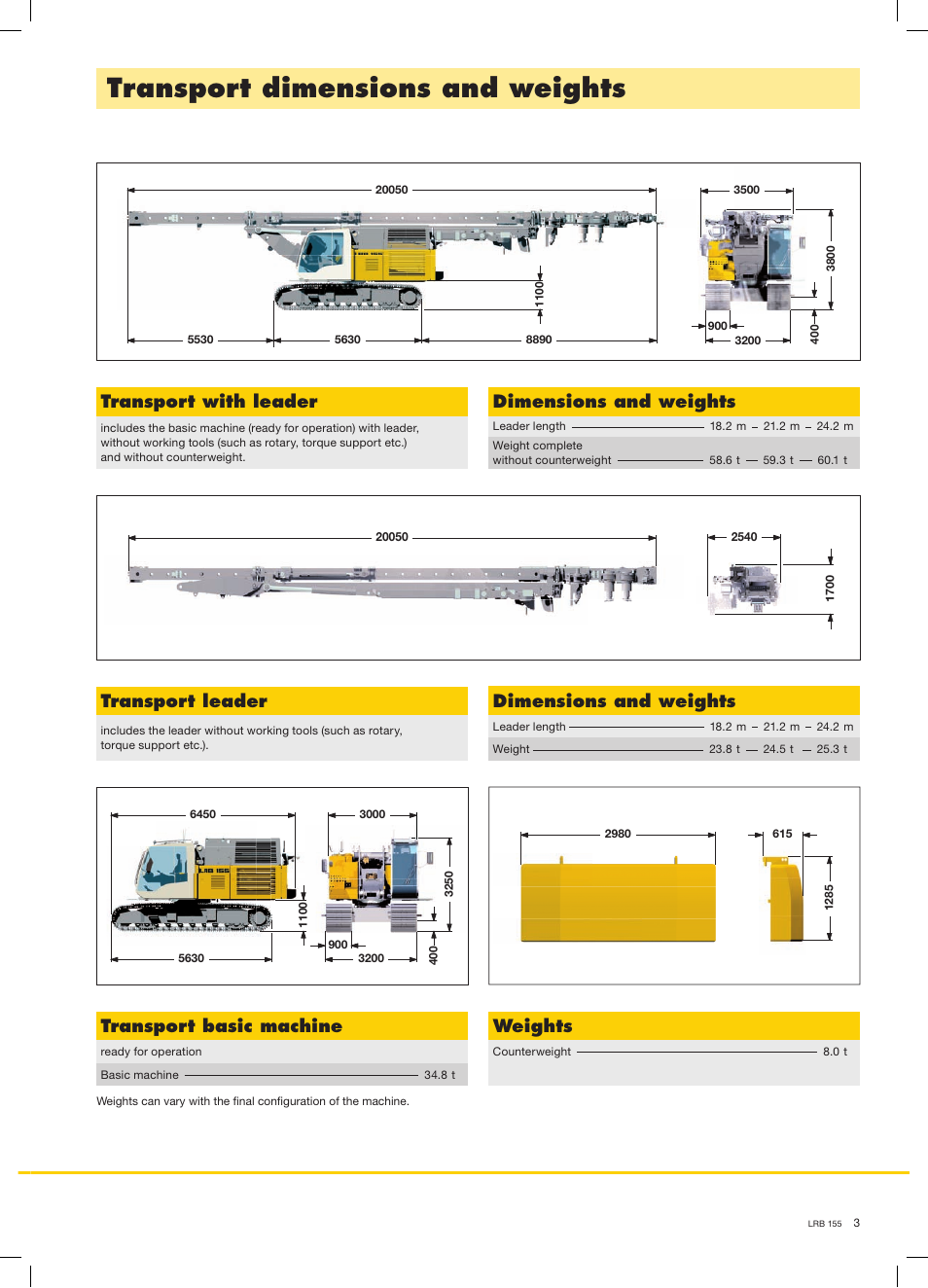 Transport dimensions and weights, Transport with leader, Transport basic machine | Weights, Transport leader, Dimensions and weights | Liebherr LRB 155 User Manual | Page 3 / 16
