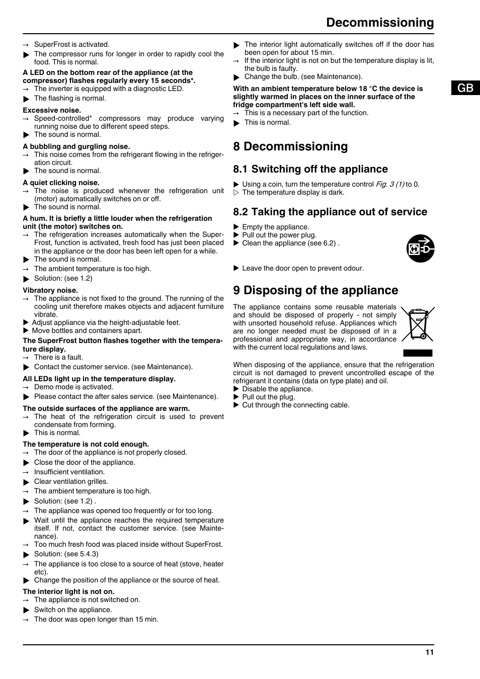8decommissioning, 1switching off the appliance, 2taking the appliance out of service | 9disposing of the appliance, 8 decommissioning, 9 disposing of the appliance, Decommissioning, 1 switching off the appliance, 2 taking the appliance out of service | Liebherr CUN 3033 Comfort NoFrost User Manual | Page 11 / 12