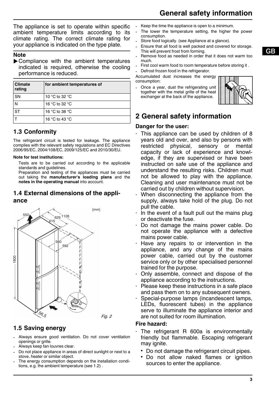 3conformity, 4external dimensions of the appliance, 5saving energy | 2general safety information, 2 general safety information, General safety information | Liebherr CUN 3033 Comfort NoFrost User Manual | Page 3 / 12