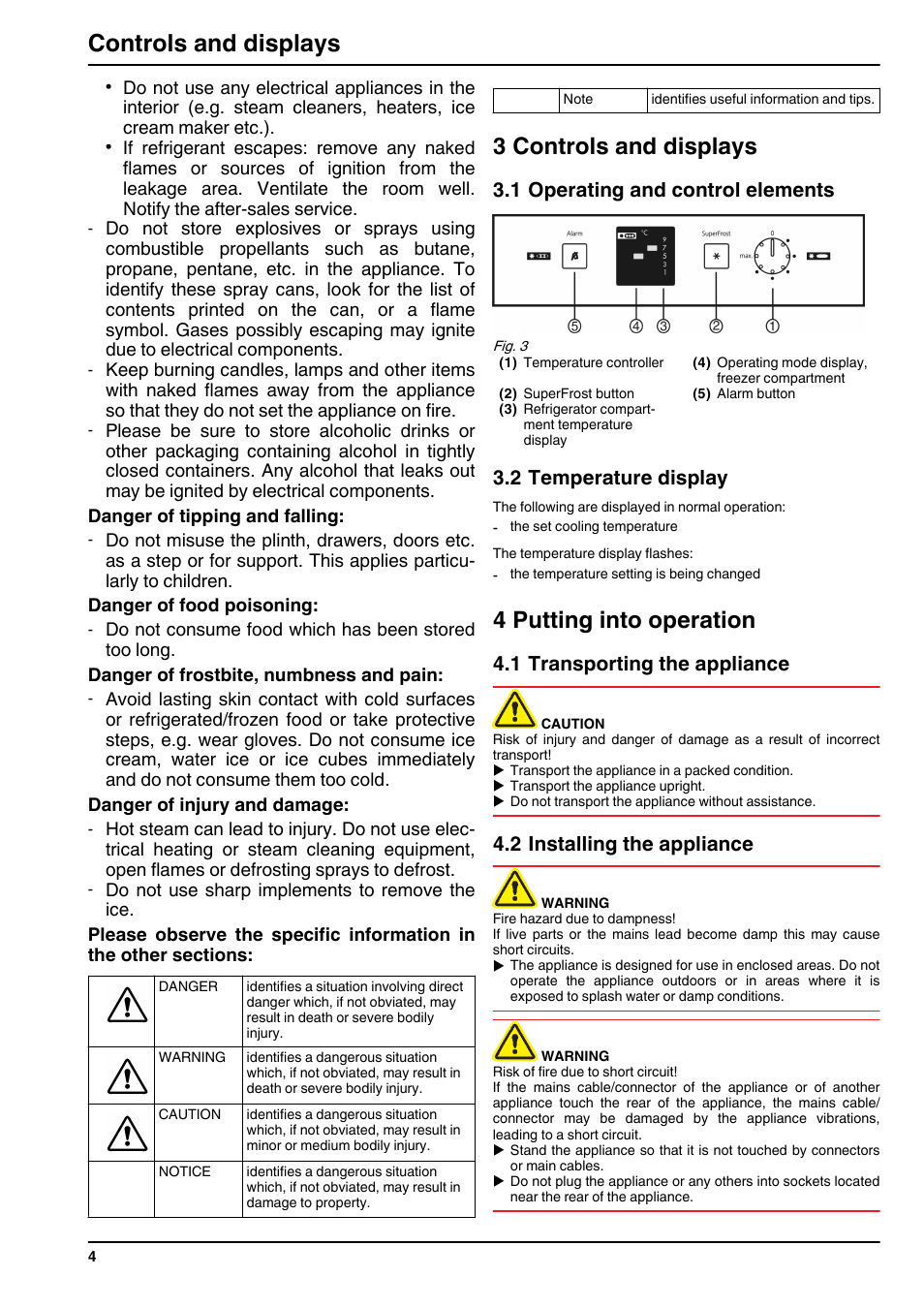 3controls and displays, 1operating and control elements, 2temperature display | 4putting into operation, 1transporting the appliance, 2installing the appliance, 3 controls and displays, 4 putting into operation, Controls and displays, 1 operating and control elements | Liebherr CUN 3033 Comfort NoFrost User Manual | Page 4 / 12