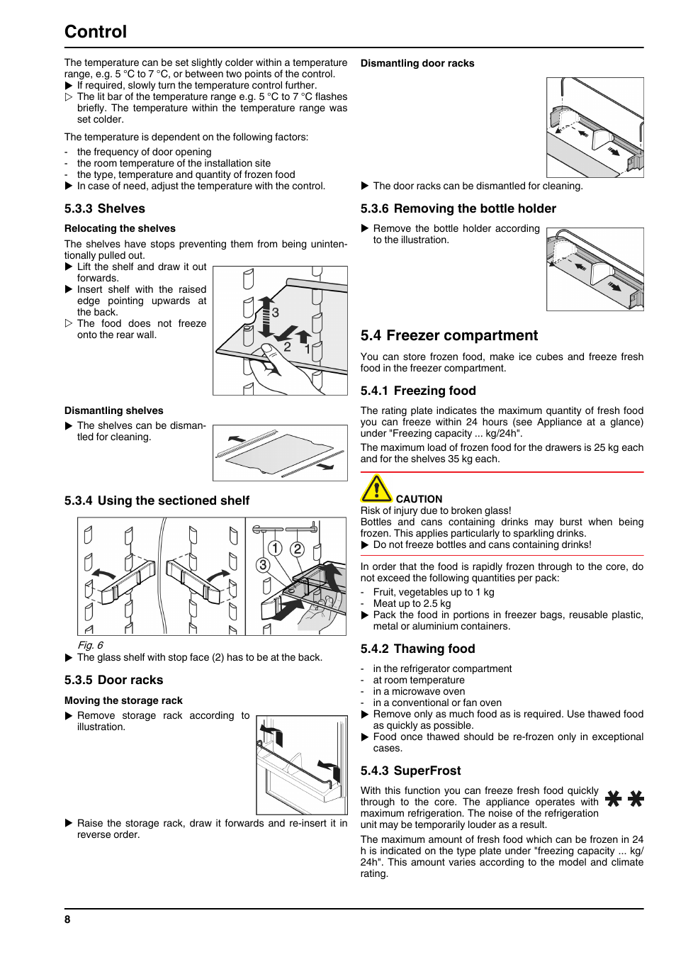 3shelves, 4using the sectioned shelf, 5door racks | 6removing the bottle holder, 4freezer compartment, 1freezing food, 2thawing food, 3superfrost, Control, 4 freezer compartment | Liebherr CUN 3033 Comfort NoFrost User Manual | Page 8 / 12