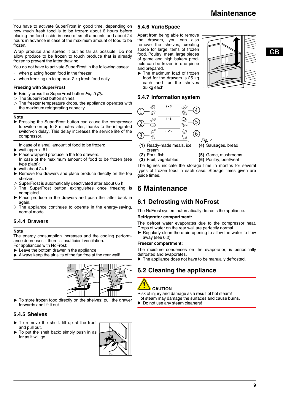 4drawers, 5shelves, 6variospace | 7information system, 6maintenance, 1defrosting with nofrost, 2cleaning the appliance, 6 maintenance, Maintenance, 1 defrosting with nofrost | Liebherr CUN 3033 Comfort NoFrost User Manual | Page 9 / 12