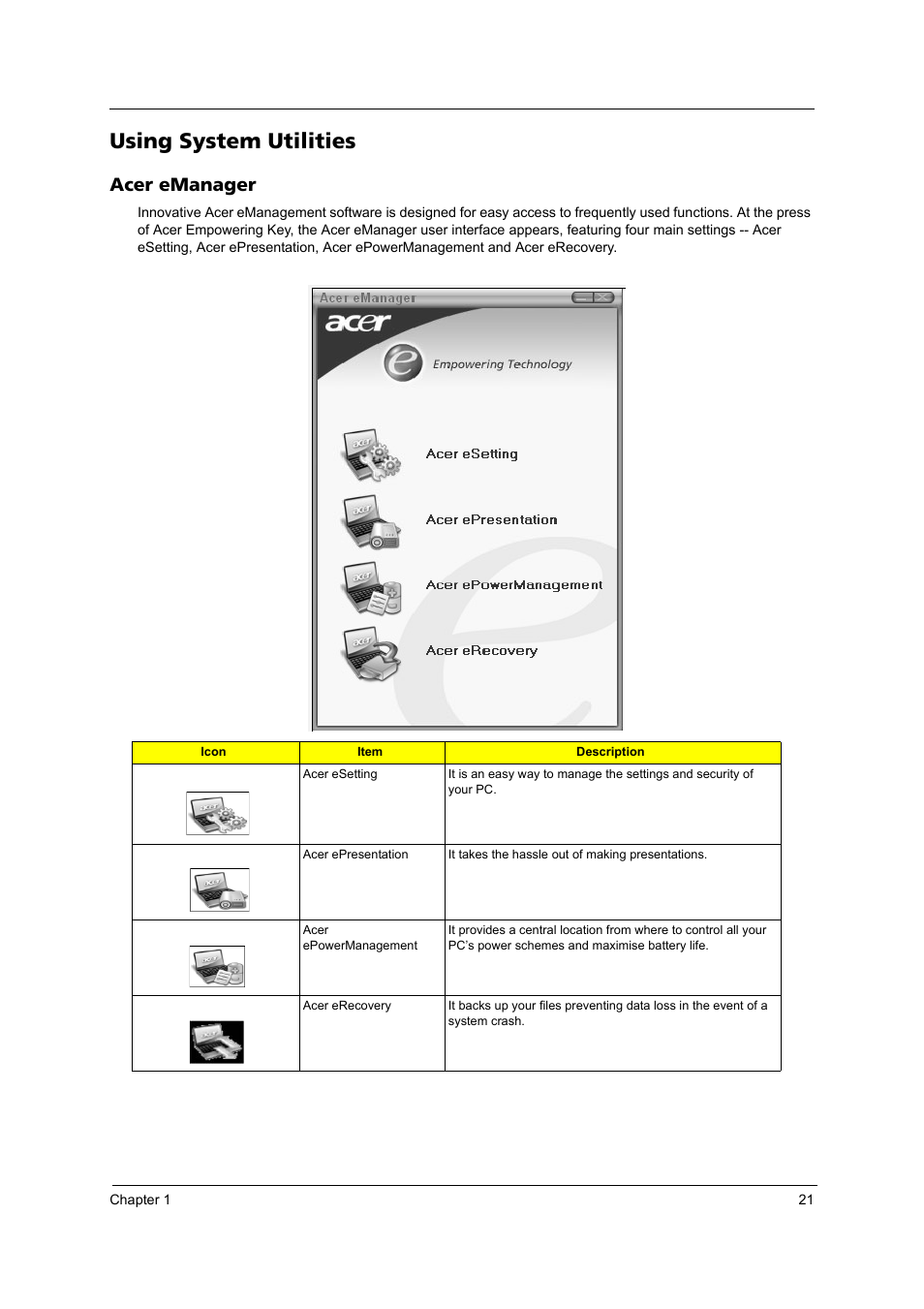 Using system utilities, Acer emanager, Launch keys” on page 20 | Acer 3100 User Manual | Page 27 / 100