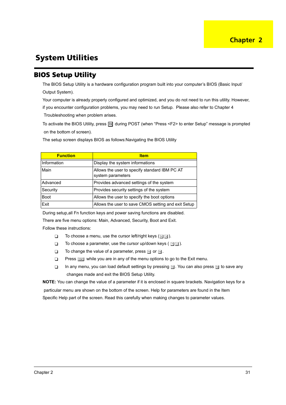 Bios setup utility, System utilities, Chapter 2 | Acer 3100 User Manual | Page 37 / 100