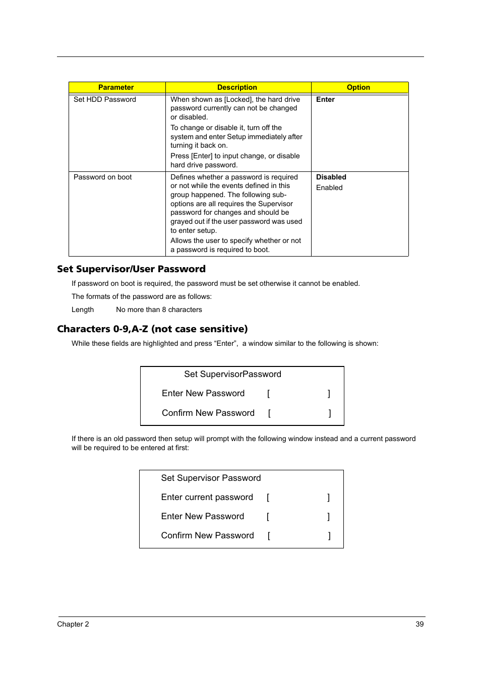 Set supervisor/user password, Characters 0-9,a-z (not case sensitive) | Acer 3100 User Manual | Page 45 / 100