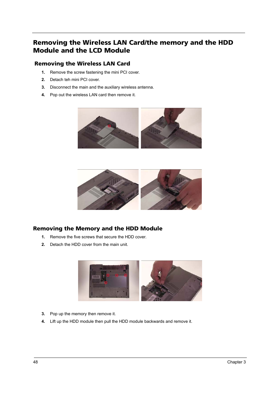 Removing the wireless lan card, Removing the memory and the hdd module | Acer 3100 User Manual | Page 54 / 100