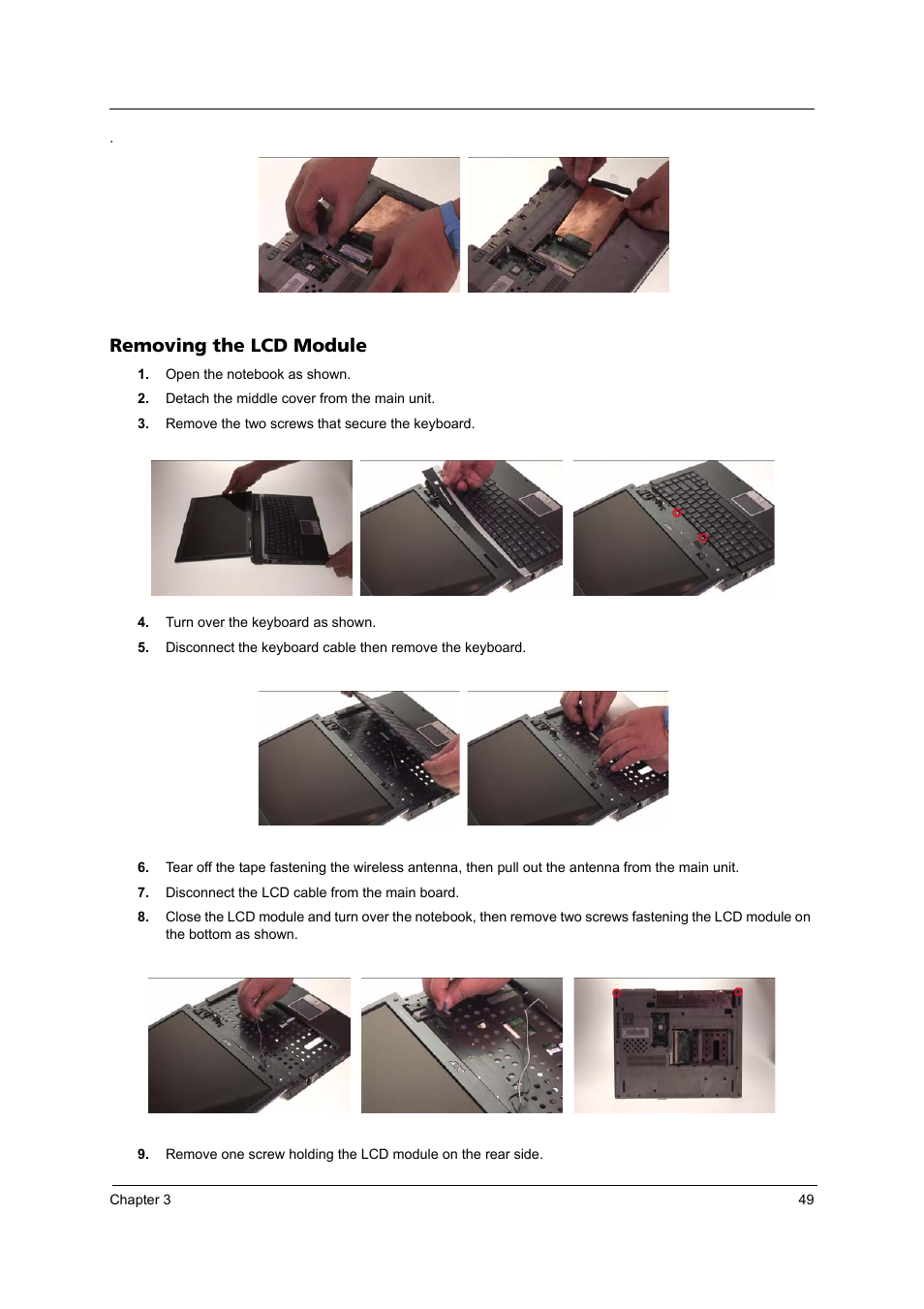 Removing the lcd module | Acer 3100 User Manual | Page 55 / 100