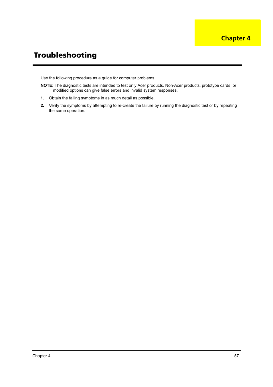 Troubleshooting, Chapter 4 | Acer 3100 User Manual | Page 63 / 100