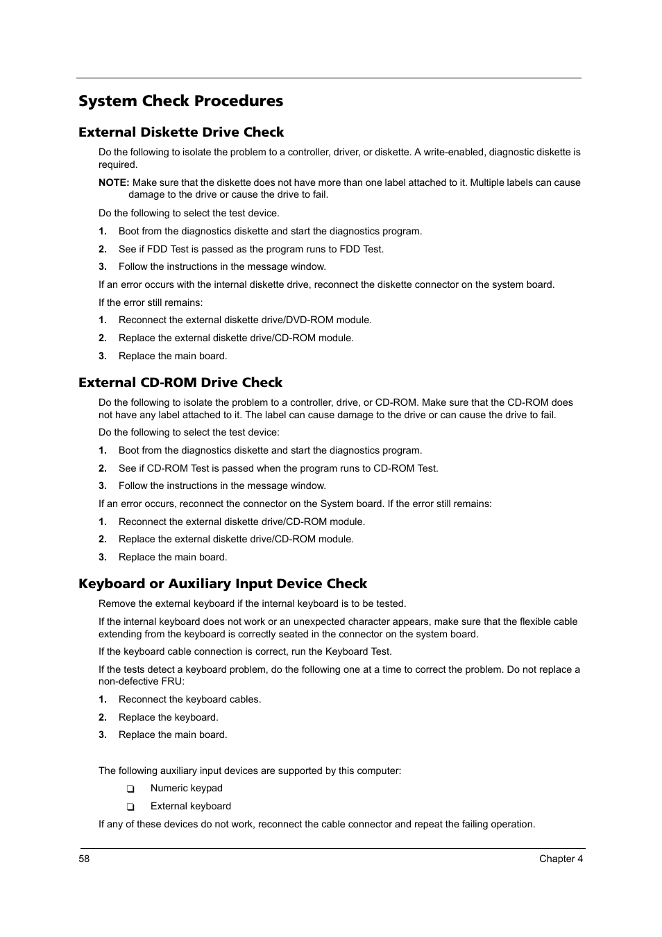 System check procedures, External diskette drive check, External cd-rom drive check | Keyboard or auxiliary input device check | Acer 3100 User Manual | Page 64 / 100