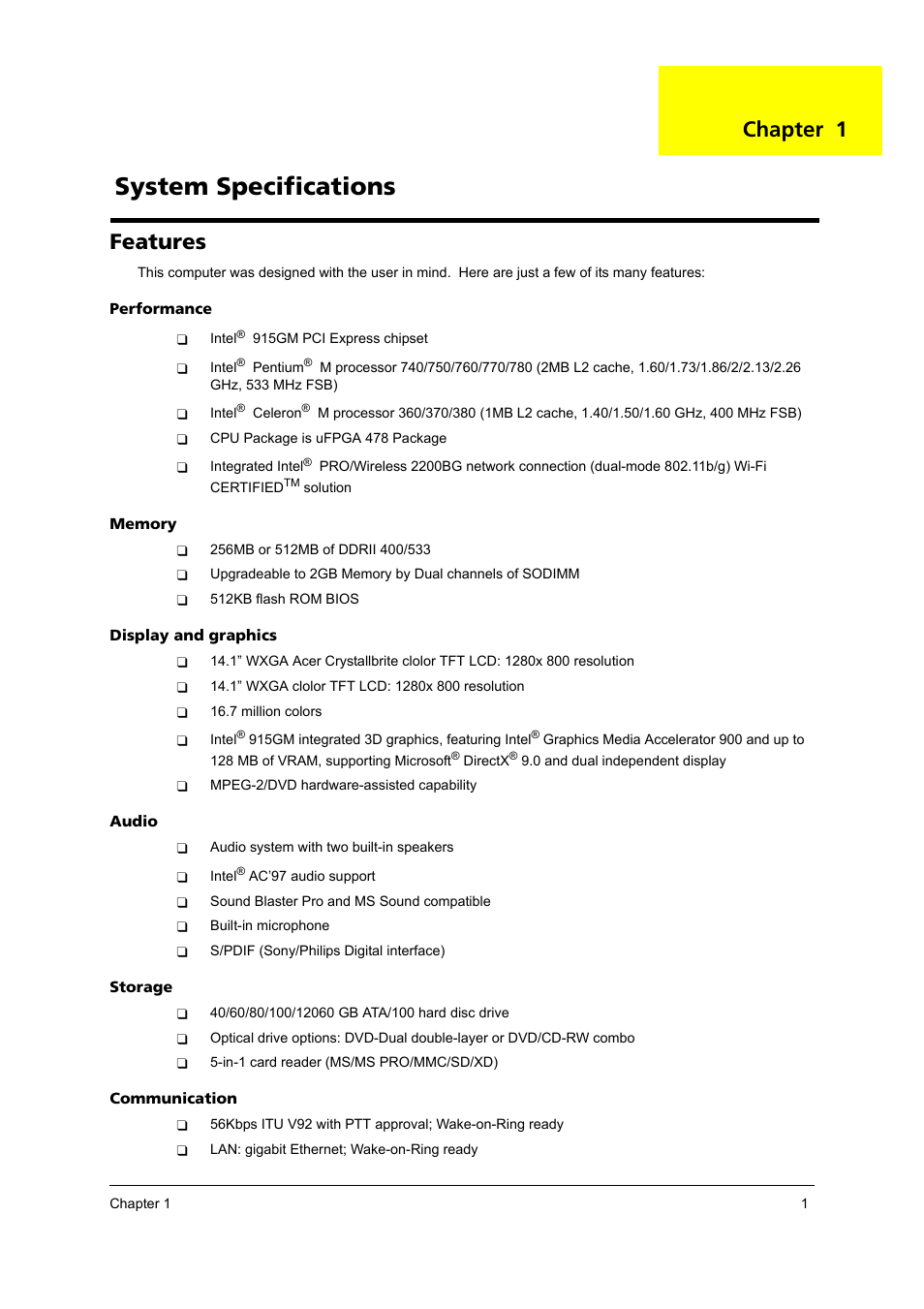 Features, System specifications, Chapter 1 | Acer 3100 User Manual | Page 7 / 100