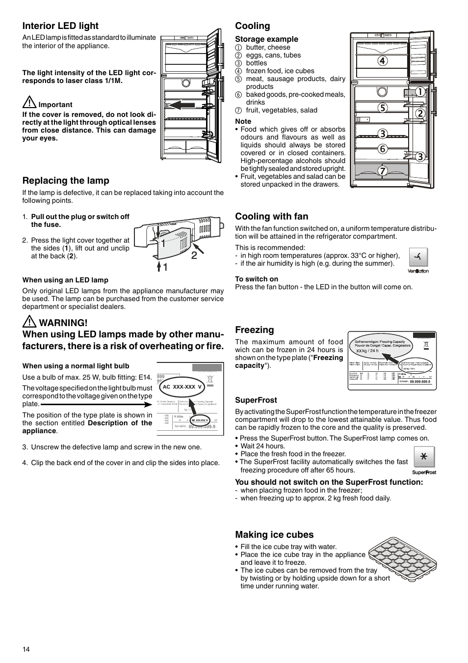 Interior led light, Cooling, Freezing | Cooling with fan, Making ice cubes, Replacing the lamp | Liebherr CTNes 4753 Premium NoFrost User Manual | Page 6 / 9