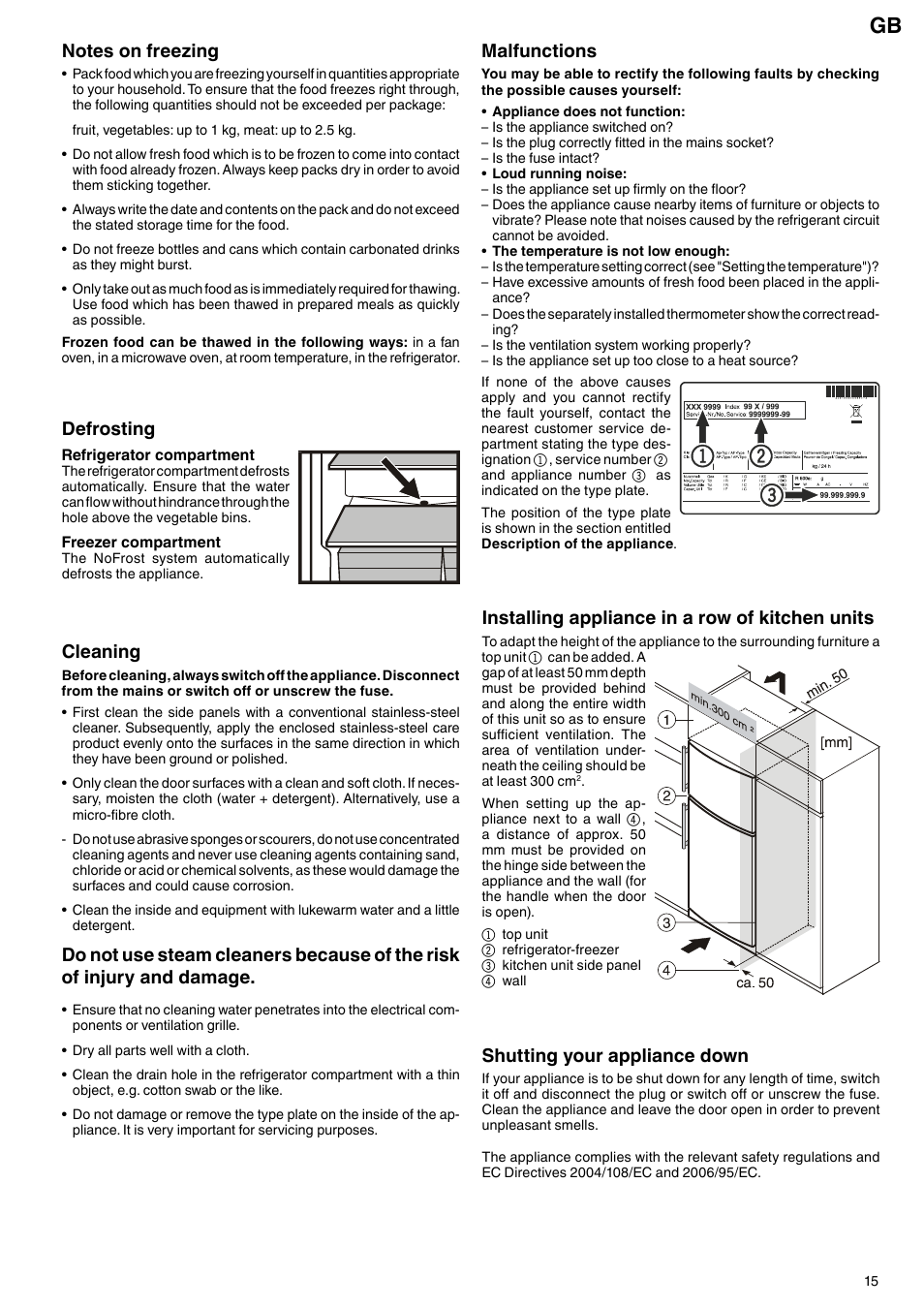 Defrosting, Malfunctions, Installing appliance in a row of kitchen units | Shutting your appliance down, Cleaning | Liebherr CTNes 4753 Premium NoFrost User Manual | Page 7 / 9