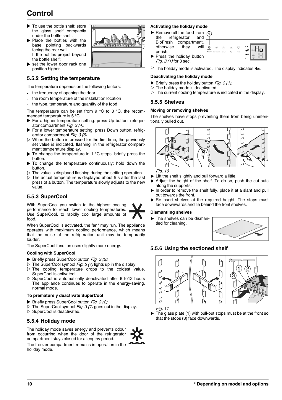 2setting the temperature, 3supercool, 4holiday mode | 5shelves, 6using the sectioned shelf, Control | Liebherr CBNPes 3756 Premium BioFresh NoFrost User Manual | Page 10 / 18