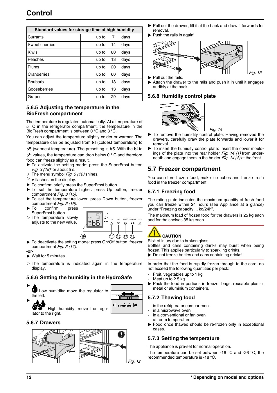 6setting the humidity in the hydrosafe, 7drawers, 8humidity control plate | 7freezer compartment, 1freezing food, 2thawing food, 3setting the temperature, Control, 7 freezer compartment | Liebherr CBNPes 3756 Premium BioFresh NoFrost User Manual | Page 12 / 18