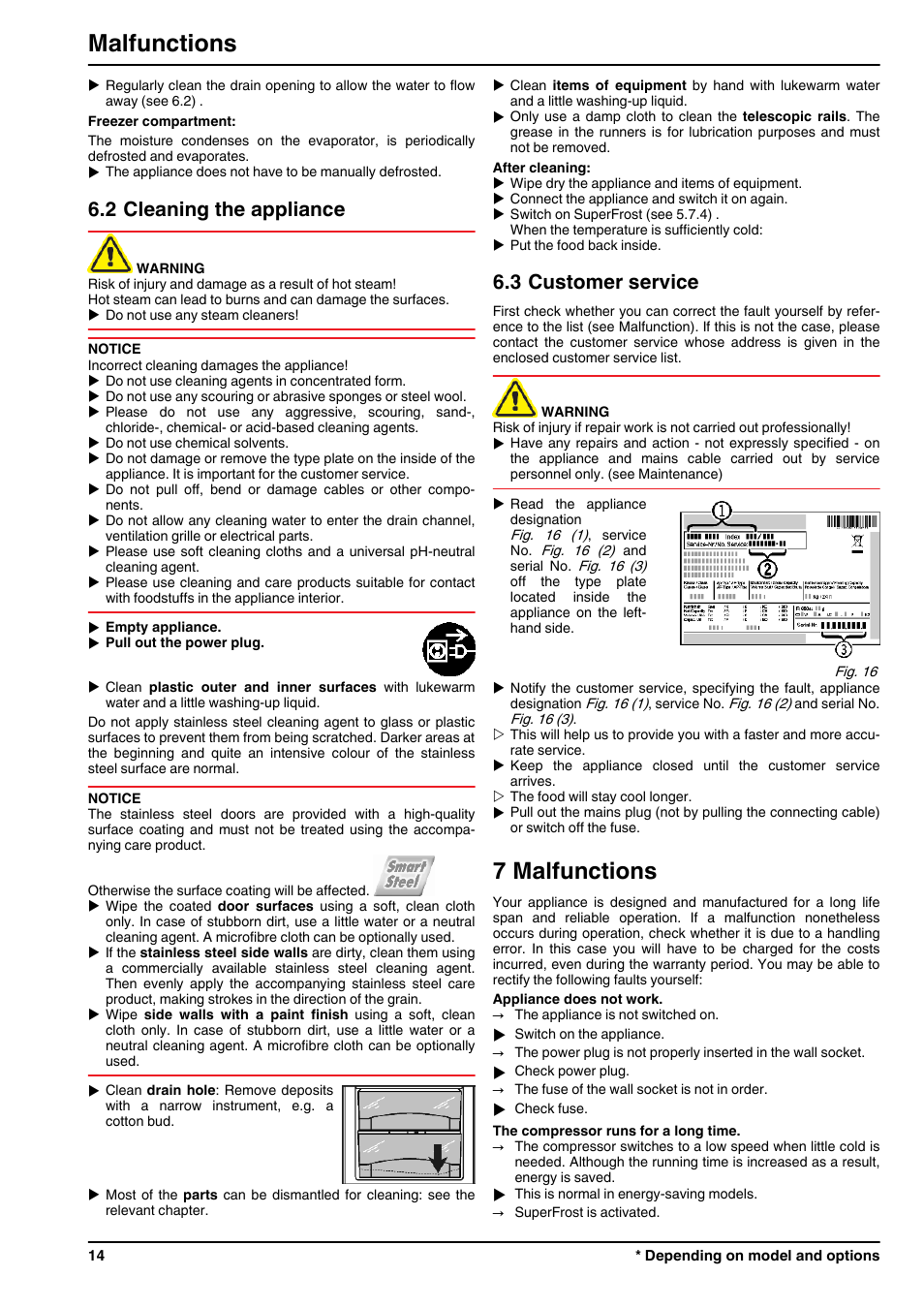 2cleaning the appliance, 3customer service, 7malfunctions | 7 malfunctions, Malfunctions, 2 cleaning the appliance, 3 customer service | Liebherr CBNPes 3756 Premium BioFresh NoFrost User Manual | Page 14 / 18