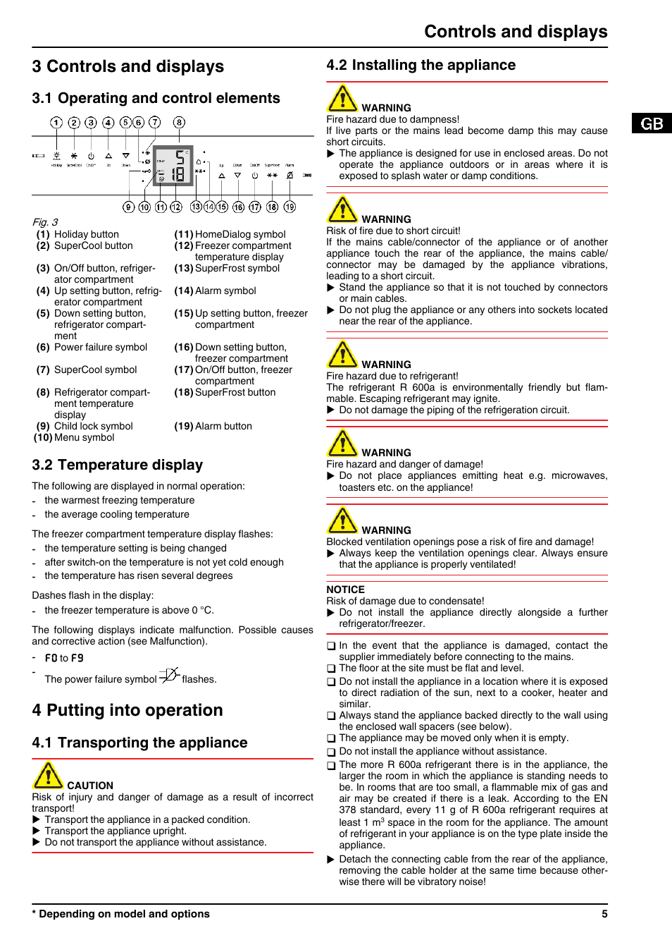 3controls and displays, 1operating and control elements, 2temperature display | 4putting into operation, 1transporting the appliance, 2installing the appliance, 3 controls and displays, 4 putting into operation, Controls and displays, 1 operating and control elements | Liebherr CBNPes 3756 Premium BioFresh NoFrost User Manual | Page 5 / 18