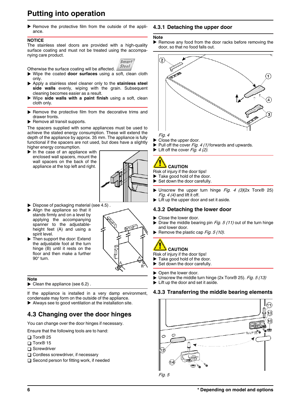 3changing over the door hinges, 1detaching the upper door, 2detaching the lower door | 3transferring the middle bearing elements, Putting into operation, 3 changing over the door hinges | Liebherr CBNPes 3756 Premium BioFresh NoFrost User Manual | Page 6 / 18