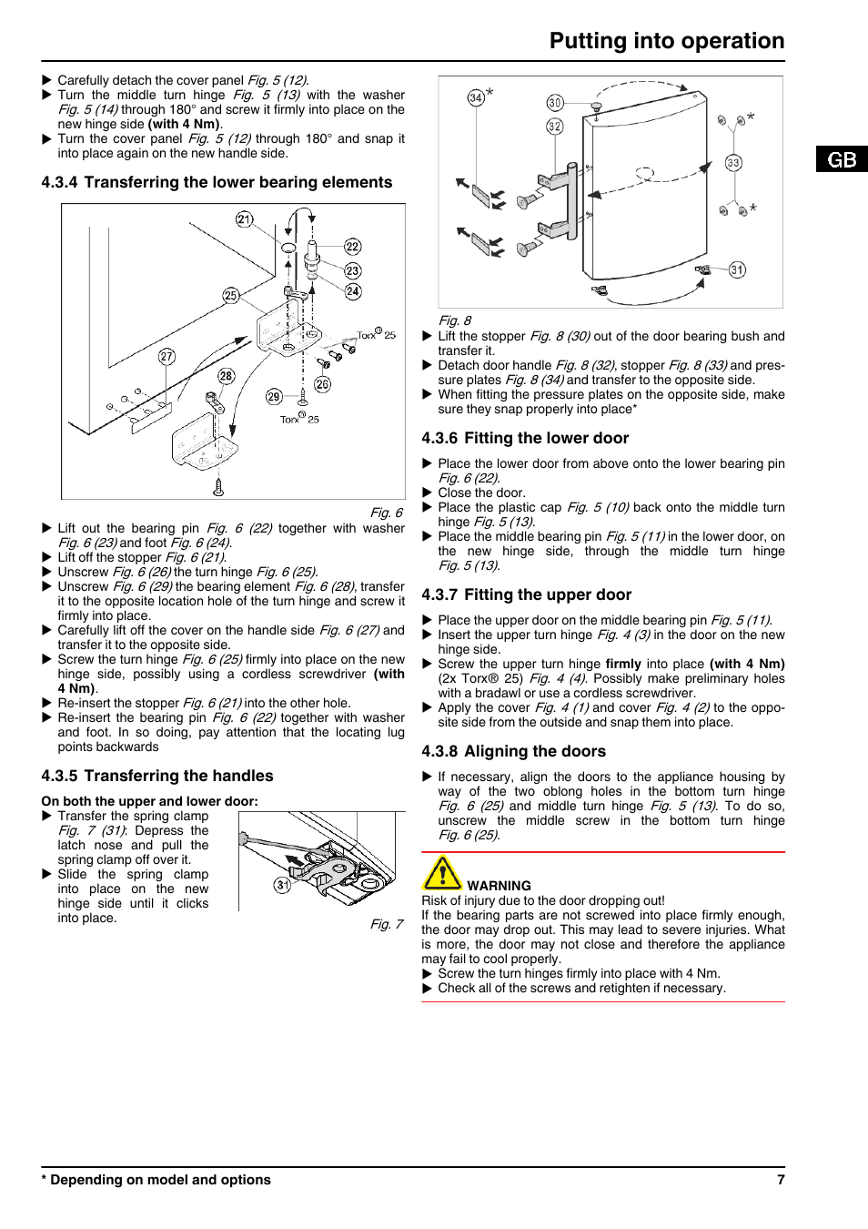 4transferring the lower bearing elements, 5transferring the handles, 6fitting the lower door | 7fitting the upper door, 8aligning the doors, Putting into operation | Liebherr CBNPes 3756 Premium BioFresh NoFrost User Manual | Page 7 / 18