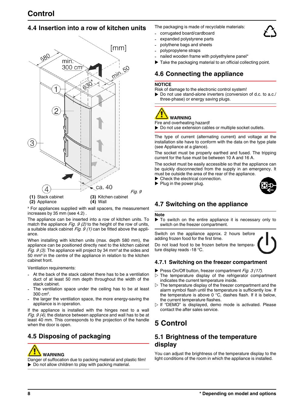 4insertion into a row of kitchen units, 5disposing of packaging, 6connecting the appliance | 7switching on the appliance, 1switching on the freezer compartment, 5control, 1brightness of the temperature display, 5 control, Control, 4 insertion into a row of kitchen units | Liebherr CBNPes 3756 Premium BioFresh NoFrost User Manual | Page 8 / 18