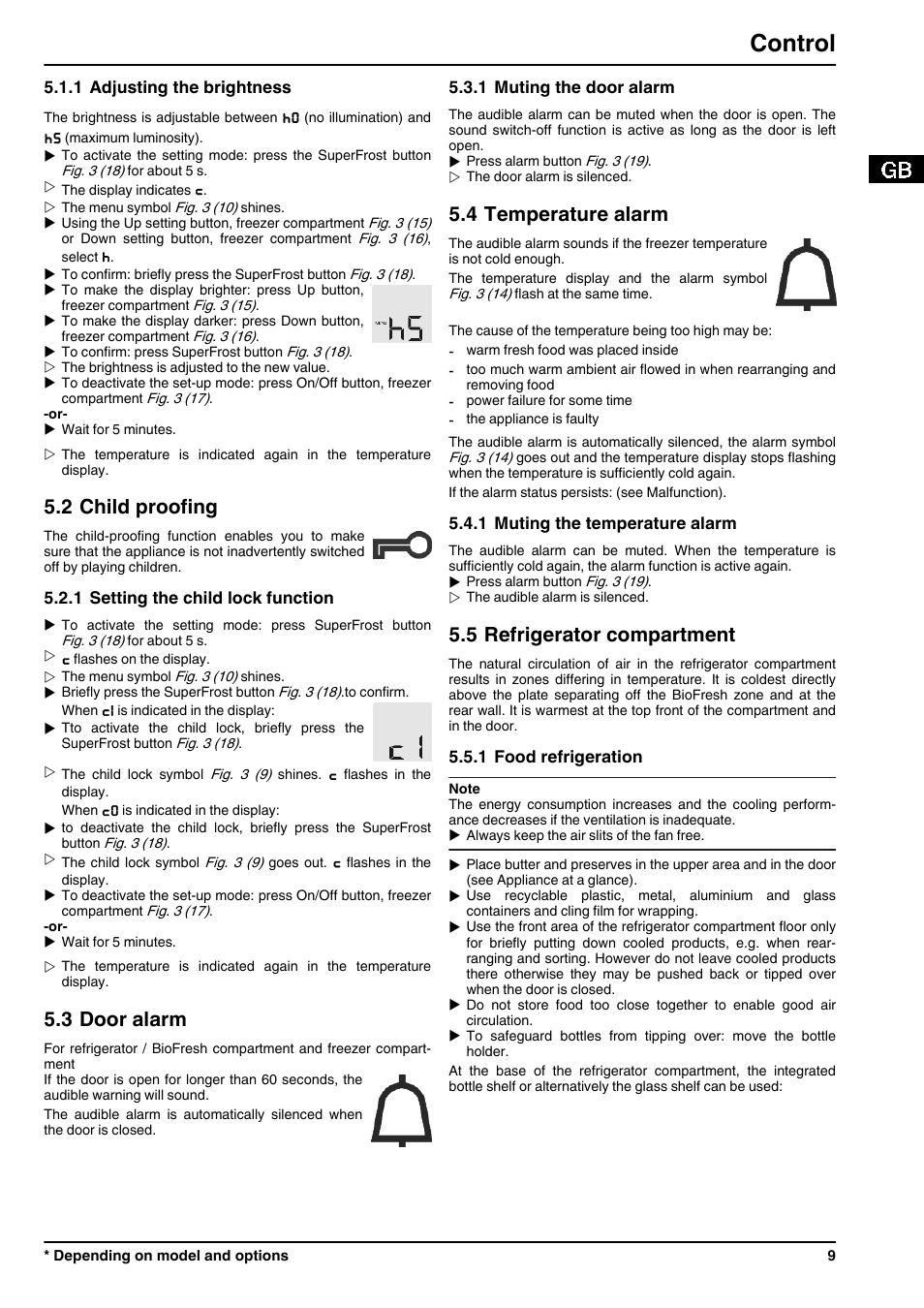 1adjusting the brightness, 2child proofing, 1setting the child lock function | 3door alarm, 1muting the door alarm, 4temperature alarm, 1muting the temperature alarm, 5refrigerator compartment, 1food refrigeration, Control | Liebherr CBNPes 3756 Premium BioFresh NoFrost User Manual | Page 9 / 18