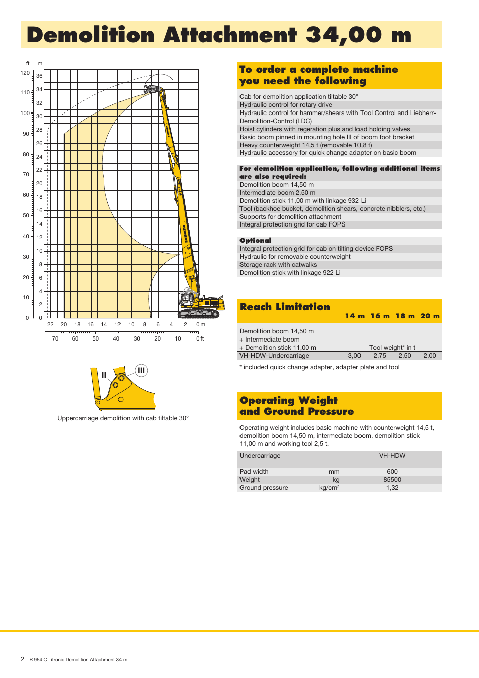 Demolition attachment 34,00 m, Reach limitation, Operating weight and ground pressure | Iii ii | Liebherr R 954 C Litronic Demolition User Manual | Page 2 / 8