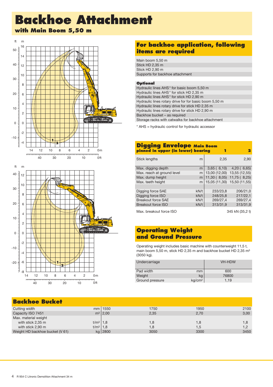 Backhoe attachment, Digging envelope, Backhoe bucket | Operating weight and ground pressure | Liebherr R 954 C Litronic Demolition User Manual | Page 4 / 8