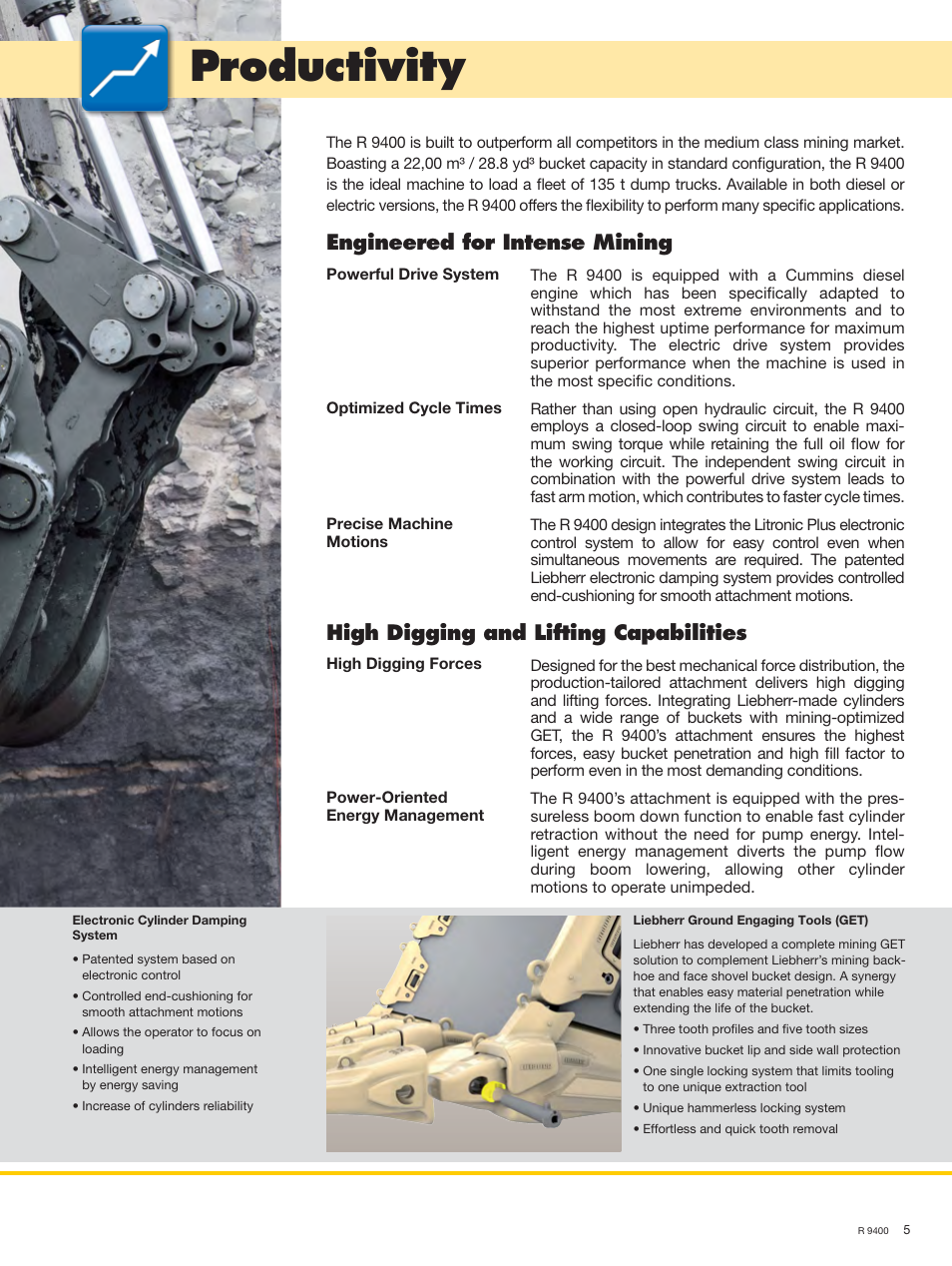 Productivity, Engineered for intense mining, High digging and lifting capabilities | Liebherr R 9400 User Manual | Page 5 / 22