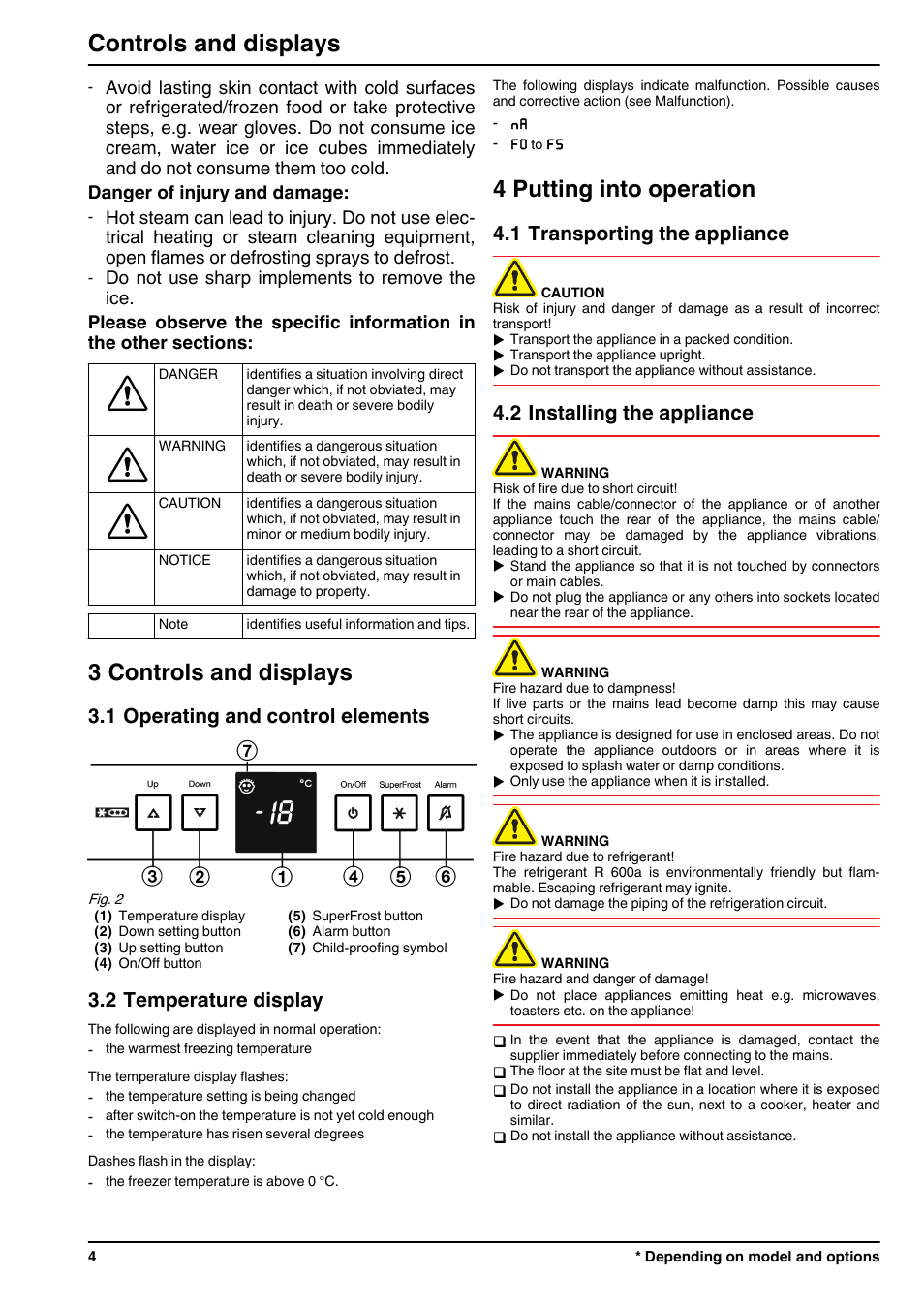 3controls and displays, 1operating and control elements, 2temperature display | 4putting into operation, 1transporting the appliance, 2installing the appliance, 3 controls and displays, 4 putting into operation, Controls and displays, 1 operating and control elements | Liebherr IGN 2556 Premium NoFrost User Manual | Page 4 / 10