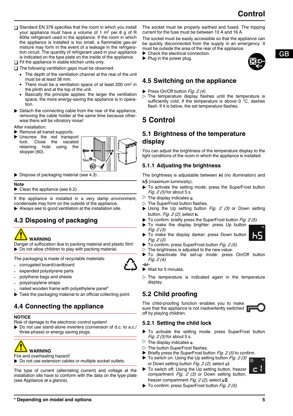3disposing of packaging, 4connecting the appliance, 5switching on the appliance | 5control, 1brightness of the temperature display, 1adjusting the brightness, 2child proofing, 1setting the child lock, 5 control, Control | Liebherr IGN 2556 Premium NoFrost User Manual | Page 5 / 10